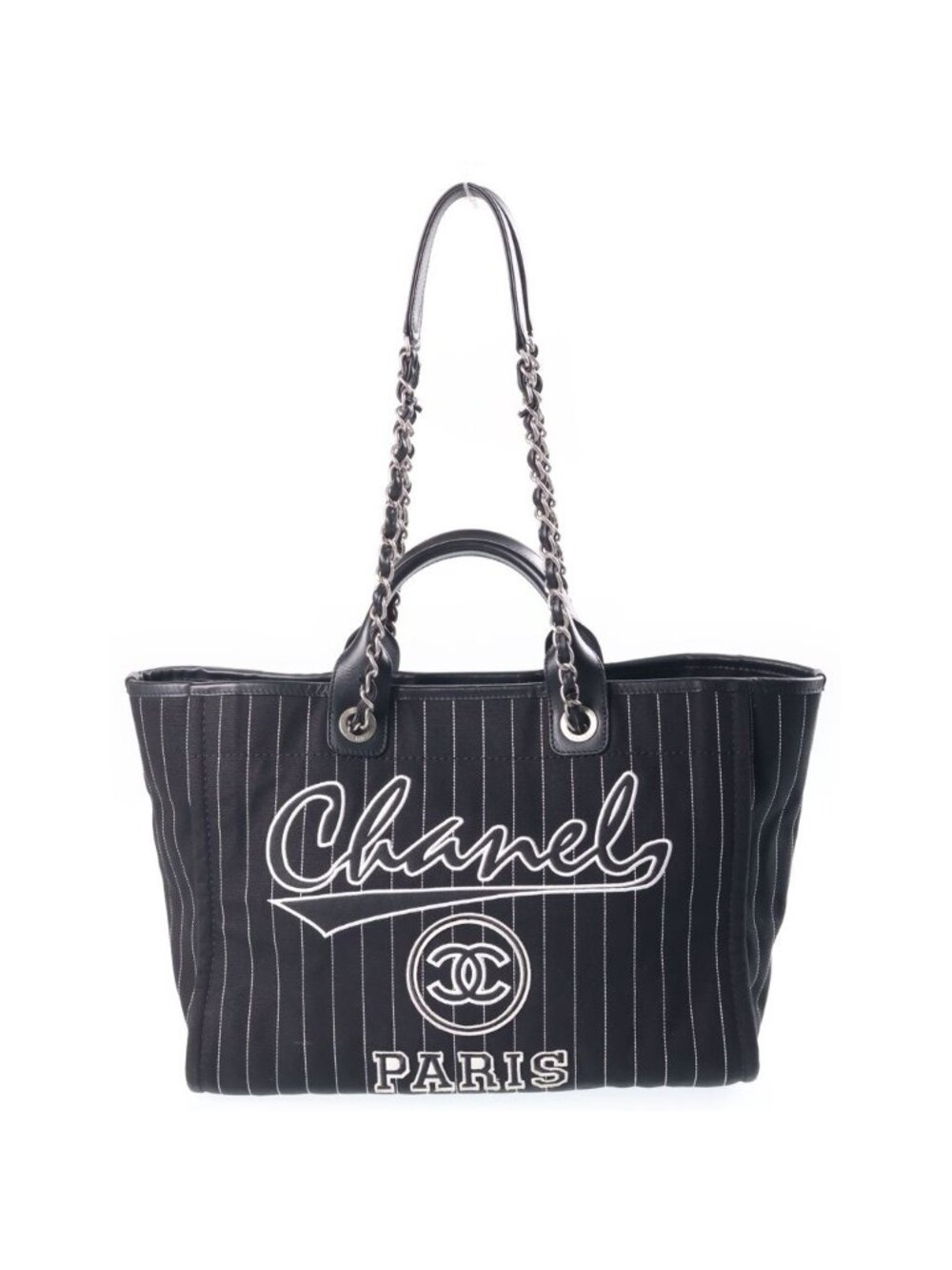 Chanel Deauville GM Tote Black Canvas Leather Silver